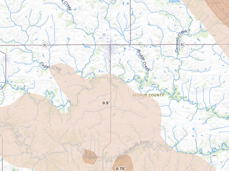 Radar-estimated hail-size map of the storm over Sigourney, IA on Aug 7, 2026