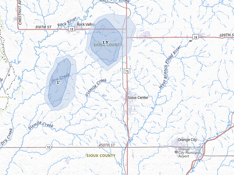 NEXRAD radar-signature map of the hail storm over Sioux Center, IA on May 16, 2026
