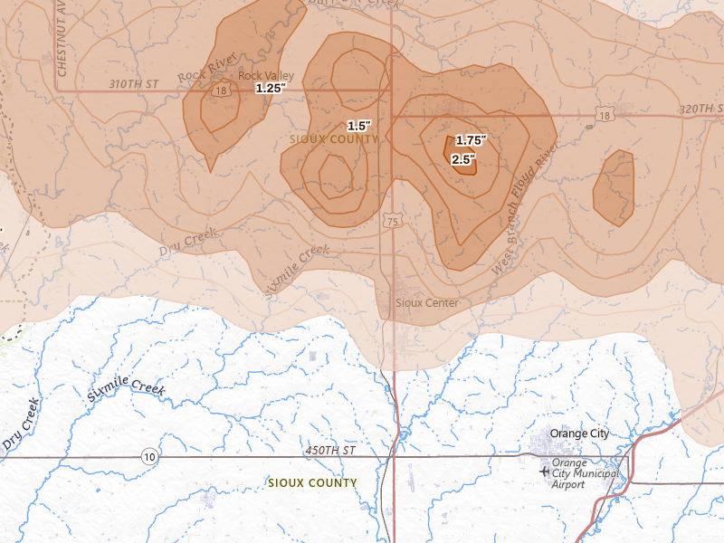 Radar-estimated hail-size map of the storm over Sioux Center, IA on Jun 27, 2026