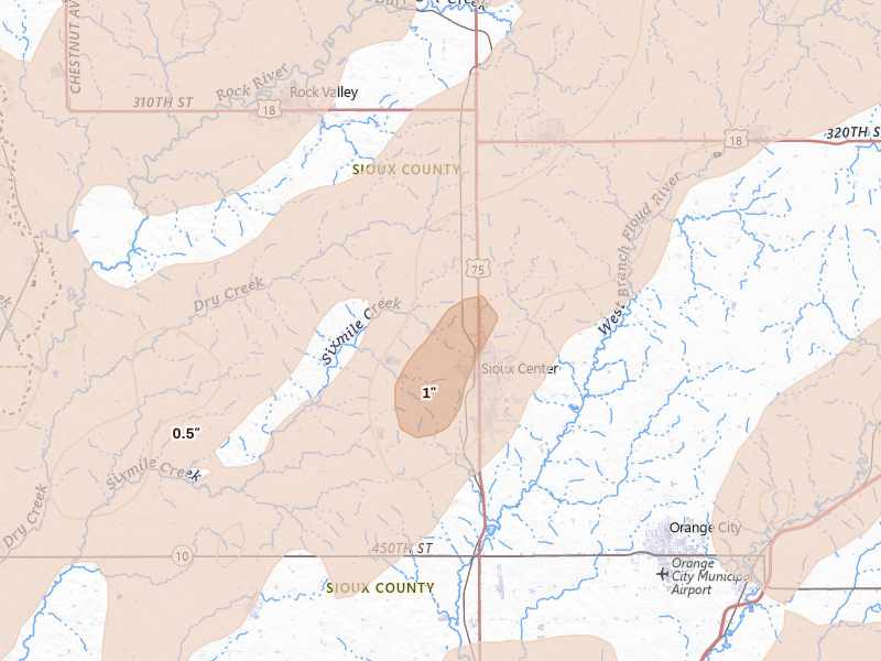 Radar-estimated hail-size map of the storm over Sioux Center, IA on Jun 29, 2026