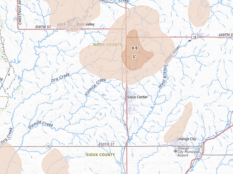 Radar-estimated hail-size map of the storm over Sioux Center, IA on Jun 30, 2026