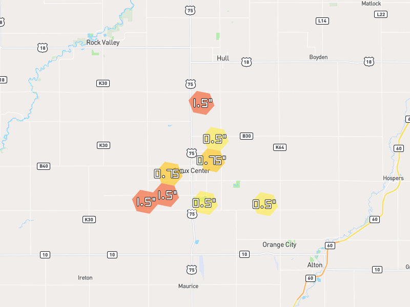 Hail map of Sioux Center, IA on Jun 30, 2026, hail up to 1.5"