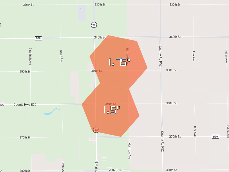 Hail map of Sioux Center, IA on Jul 1, 2026, hail up to 1.75"