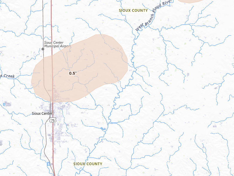 Radar-estimated hail-size map of the storm over Sioux Center, IA on Aug 3, 2026