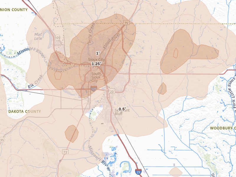 Radar-estimated hail-size map of the storm over Sioux City, IA on May 17, 2026