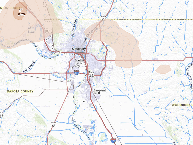 Radar-estimated hail-size map of the storm over Sioux City, IA on May 25, 2026