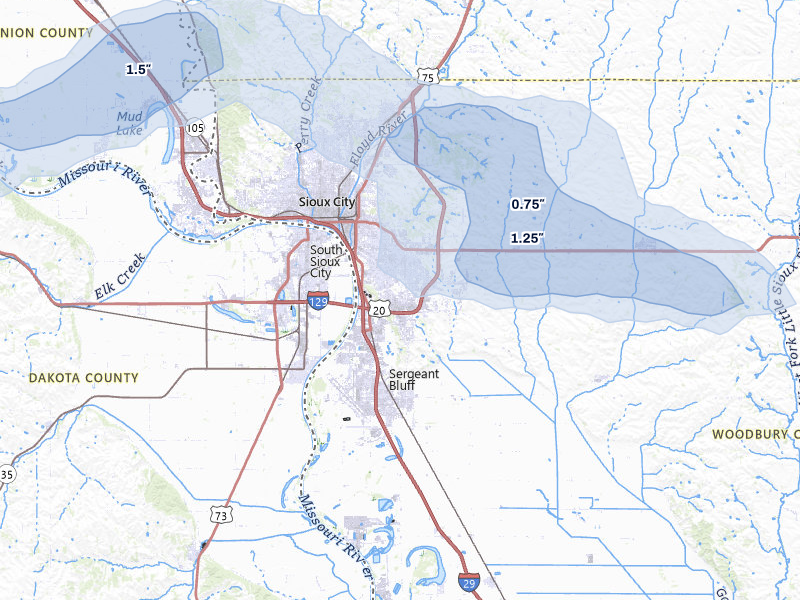 NEXRAD radar-signature map of the hail storm over Sioux City, IA on May 25, 2026