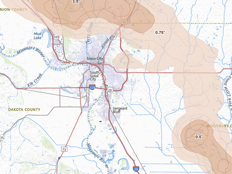 Radar-estimated hail-size map of the storm over Sioux City, IA on May 31, 2026