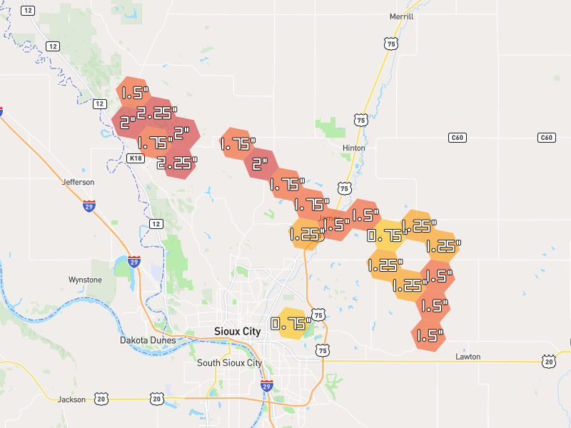 Hail map of Sioux City, IA on Jun 1, 2026, hail up to 2.25"