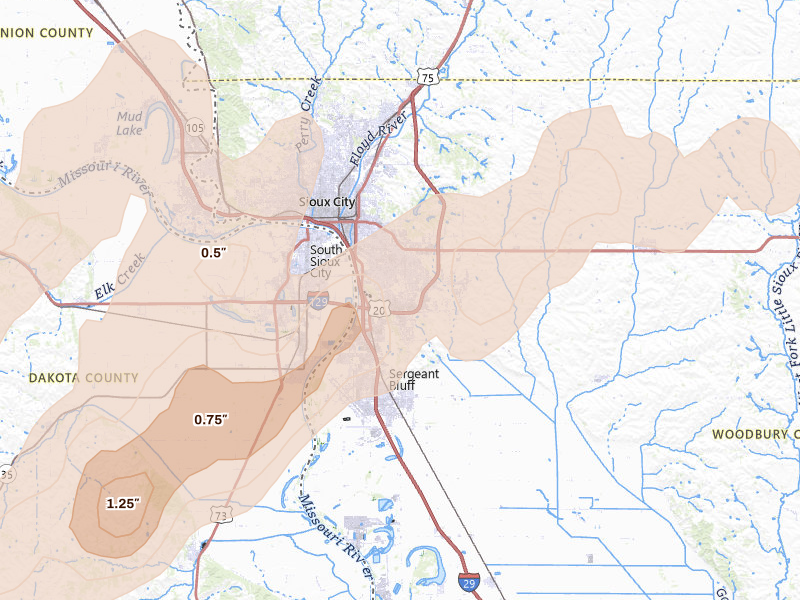 Radar-estimated hail-size map of the storm over Sioux City, IA on Jun 29, 2026