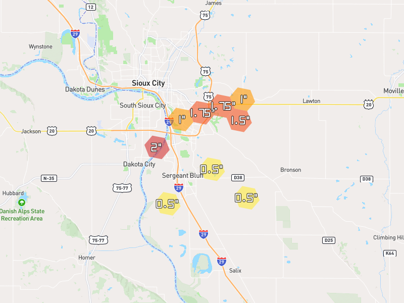 Hail map of Sioux City, IA on Jun 30, 2026, hail up to 2"