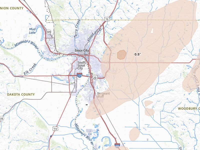 Radar-estimated hail-size map of the storm over Sioux City, IA on Jul 1, 2026