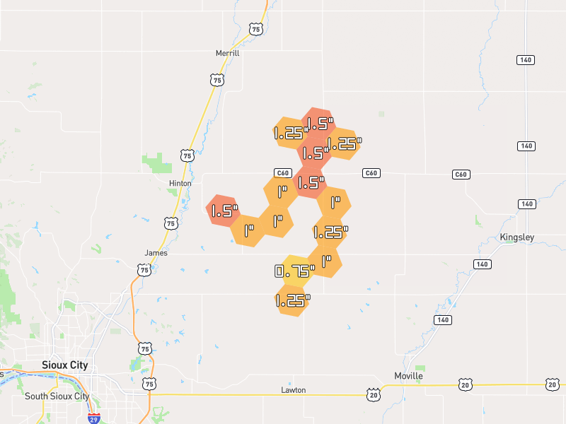 Hail map of Sioux City, IA on Jul 1, 2026, hail up to 1.5"