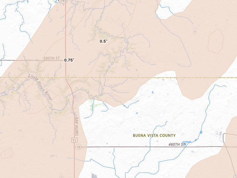 Radar-estimated hail-size map of the storm over Sioux Rapids, IA on Apr 23, 2026