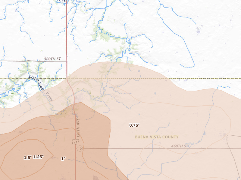 Radar-estimated hail-size map of the storm over Sioux Rapids, IA on May 15, 2026