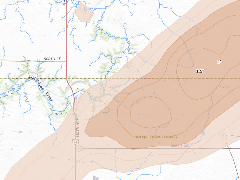 Radar-estimated hail-size map of the storm over Sioux Rapids, IA on Jun 28, 2026
