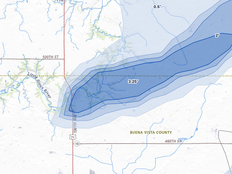 NEXRAD radar-signature map of the hail storm over Sioux Rapids, IA on Jun 28, 2026
