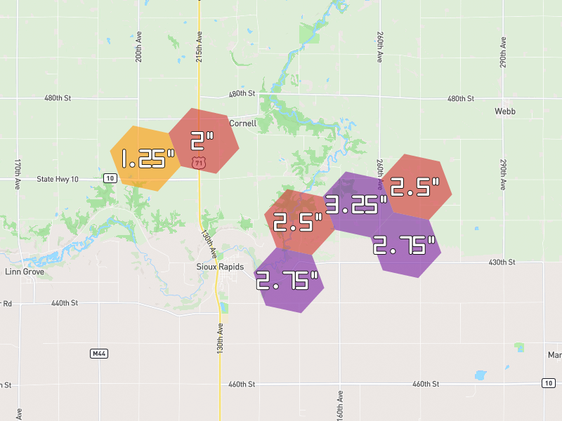 Hail map of Sioux Rapids, IA on Jun 28, 2026, hail up to 3.25"