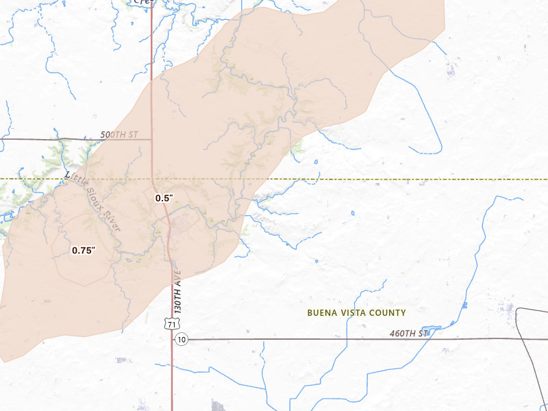 Radar-estimated hail-size map of the storm over Sioux Rapids, IA on Jul 1, 2026