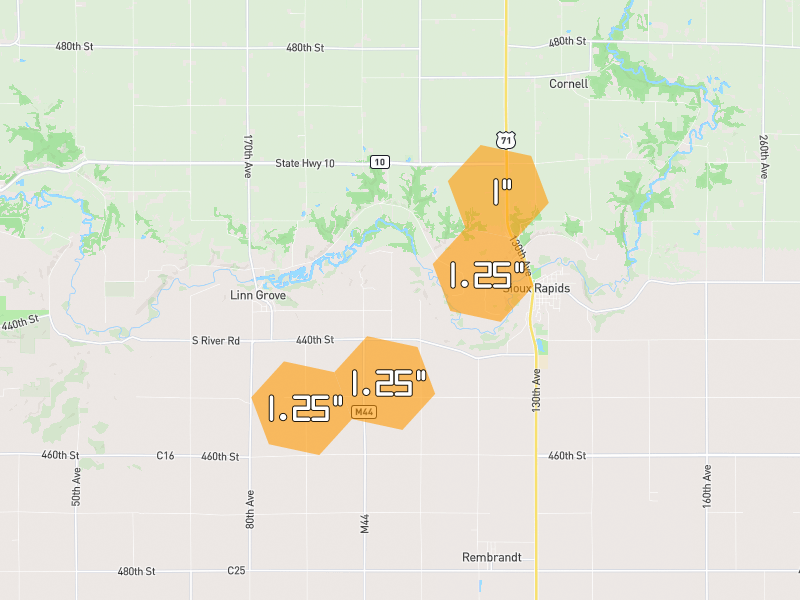 Hail map of Sioux Rapids, IA on Jul 2, 2026, hail up to 1.25"