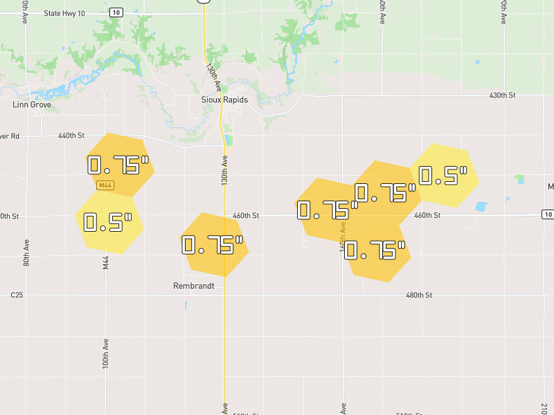 Hail map of Sioux Rapids, IA on Jul 3, 2026, hail up to 0.75"
