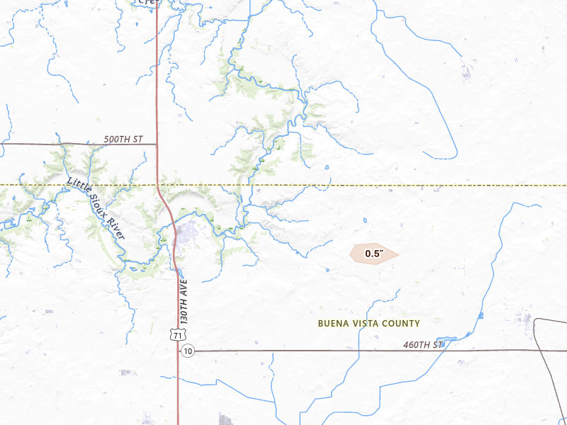 Radar-estimated hail-size map of the storm over Sioux Rapids, IA on Jul 4, 2026