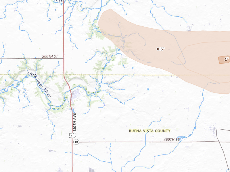 Radar-estimated hail-size map of the storm over Sioux Rapids, IA on Aug 8, 2026