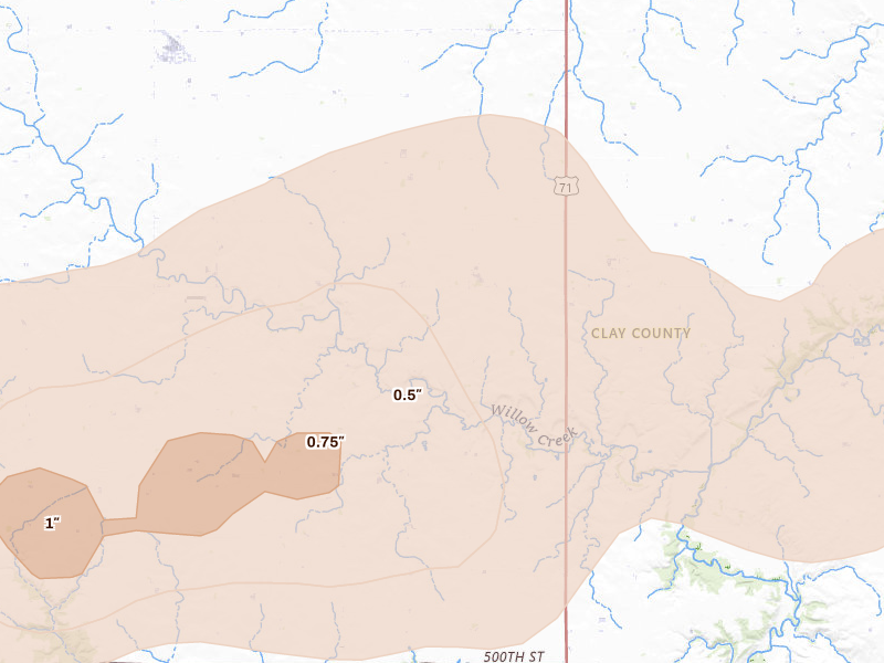 Radar-estimated hail-size map of the storm over Sioux Rapids, IA on Sep 1, 2026