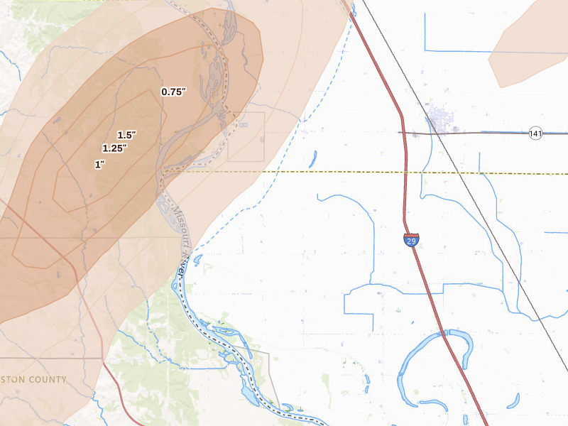 Radar-estimated hail-size map of the storm over Sloan, IA on Jul 1, 2026
