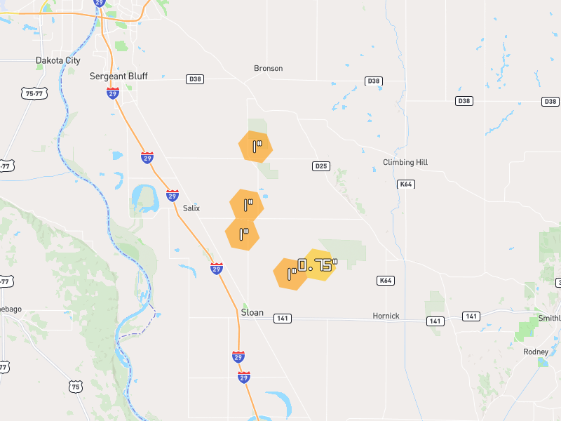 Hail map of Sloan, IA on Jul 2, 2026, hail up to 1"