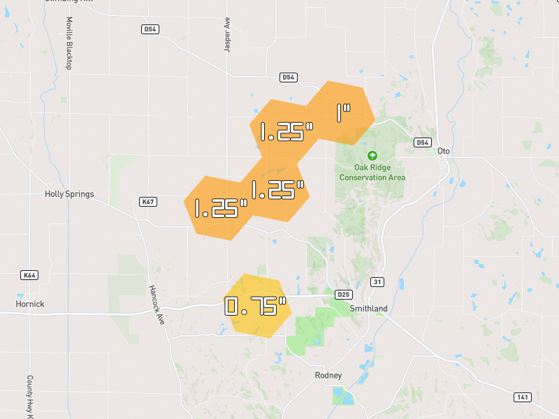Hail map of Smithland, IA on Jul 3, 2026, hail up to 1.25"
