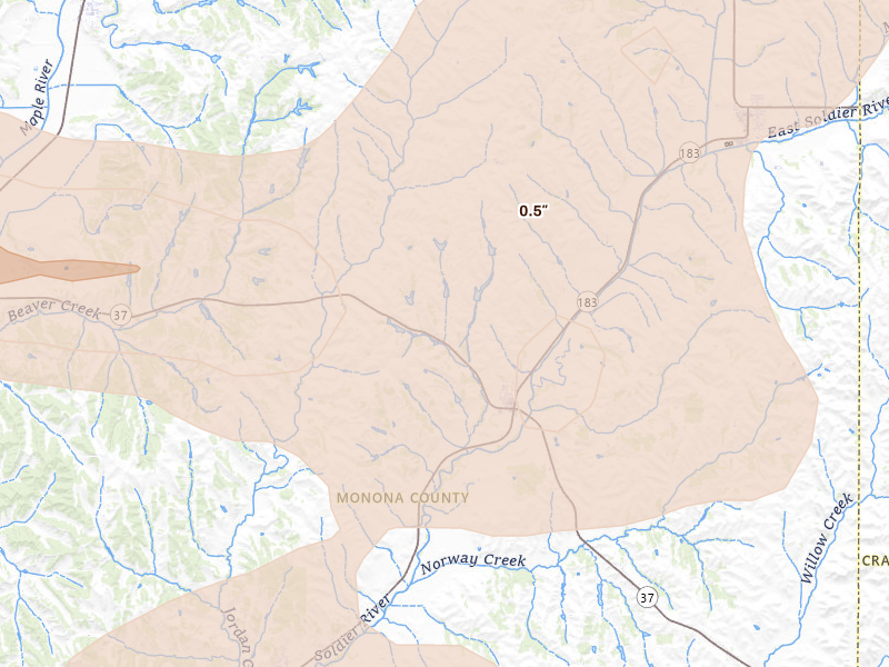 Radar-estimated hail-size map of the storm over Soldier, IA on Jul 8, 2026