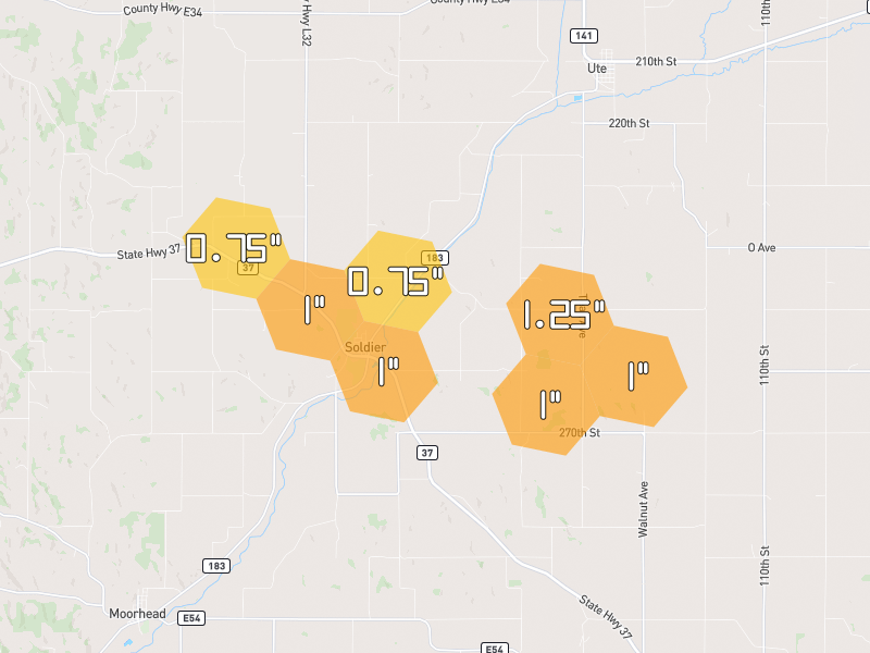 Hail map of Soldier, IA on Jul 8, 2026, hail up to 1.25"