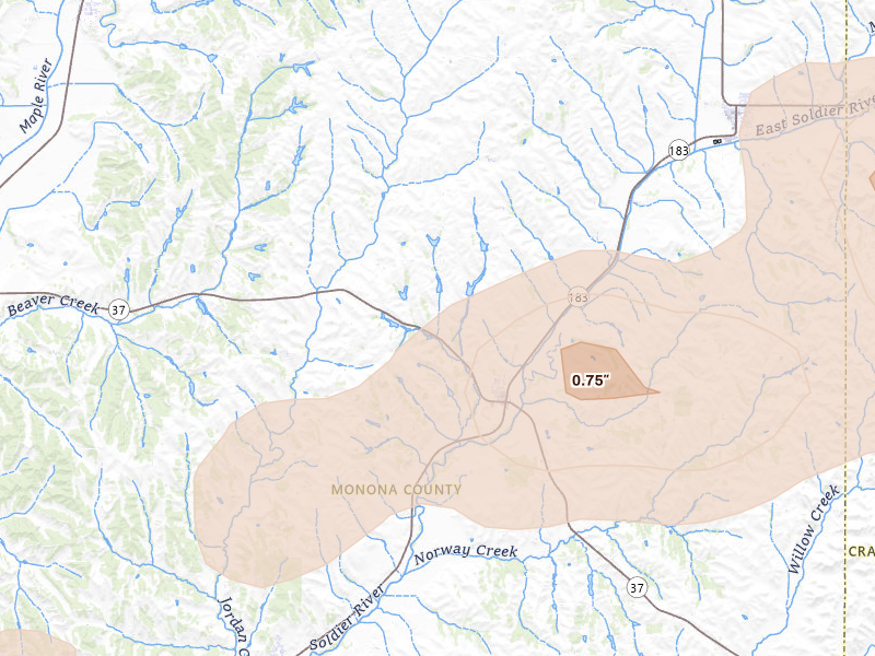 Radar-estimated hail-size map of the storm over Soldier, IA on Aug 11, 2026