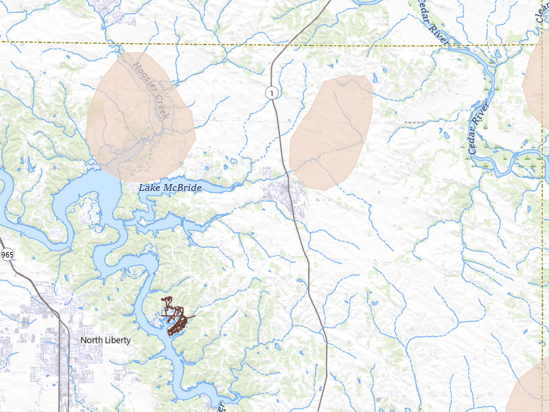 Radar-estimated hail-size map of the storm over Solon, IA on Jul 3, 2026