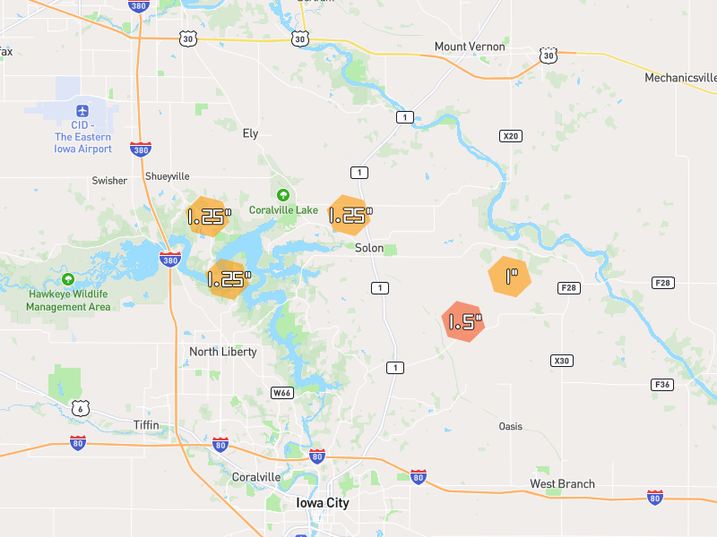 Hail map of Solon, IA on Jul 4, 2026, hail up to 1.5"