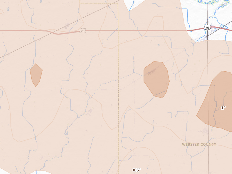 Radar-estimated hail-size map of the storm over Somers, IA on Jun 16, 2026