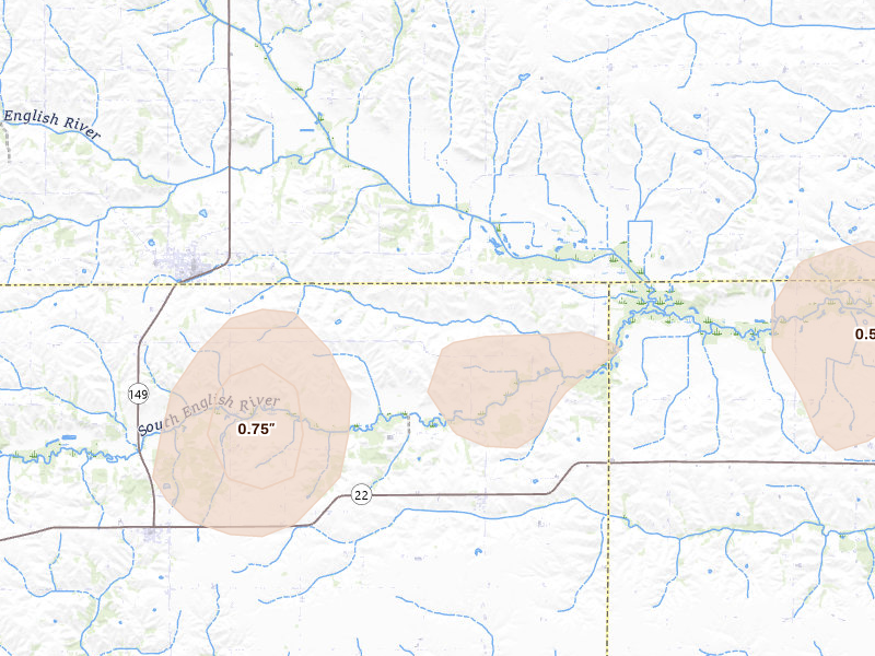 Radar-estimated hail-size map of the storm over South English, IA on Jun 10, 2026