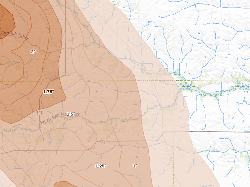 Radar-estimated hail-size map of the storm over South English, IA on Aug 7, 2026