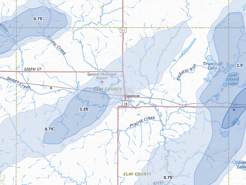 NEXRAD radar-signature map of the hail over Spencer, IA