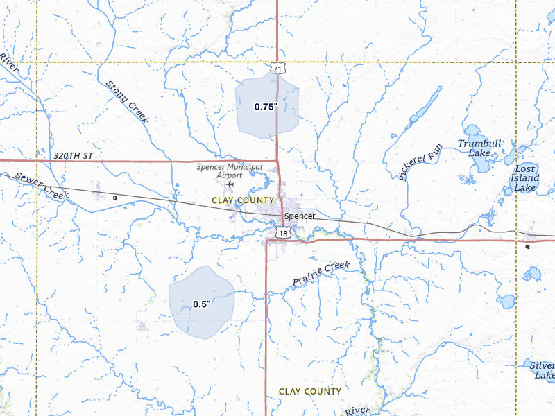 NEXRAD radar-signature map of the hail storm over Spencer, IA on Apr 22, 2026