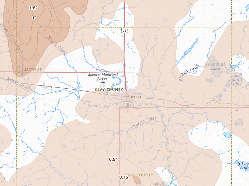 Radar-estimated hail-size map of the storm over Spencer, IA on May 17, 2026