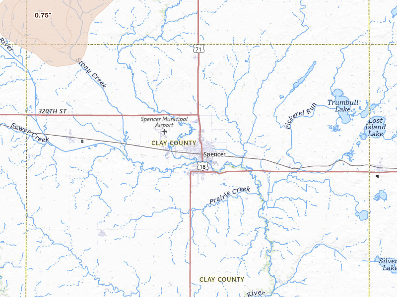 Radar-estimated hail-size map of the storm over Spencer, IA on May 25, 2026