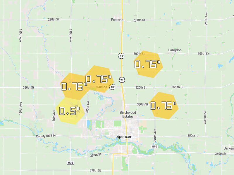 Hail map of Spencer, IA on Jun 1, 2026, hail up to 0.75"