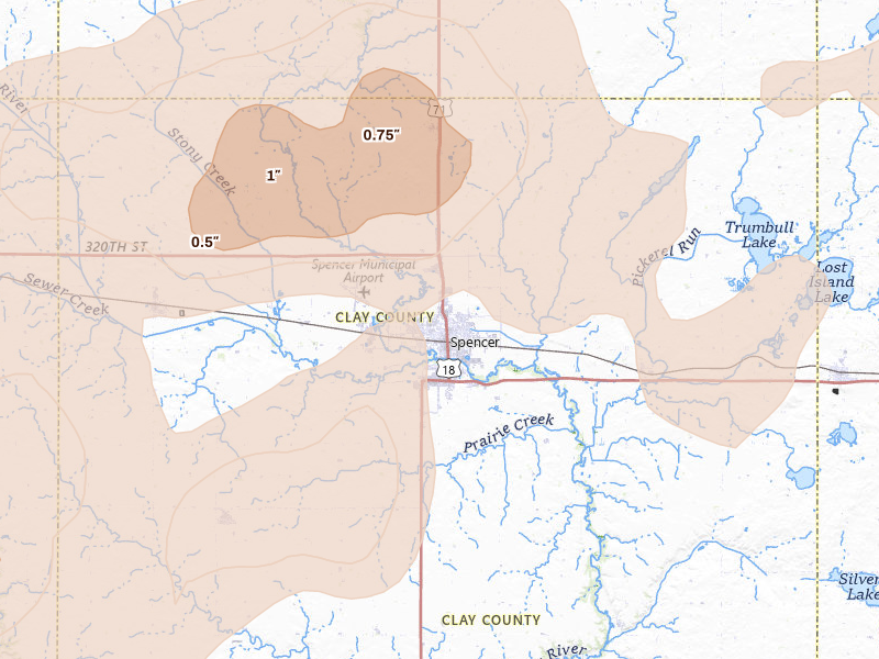 Radar-estimated hail-size map of the storm over Spencer, IA on Jun 27, 2026