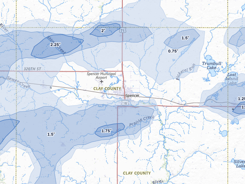 NEXRAD radar-signature map of the hail storm over Spencer, IA on Jun 27, 2026