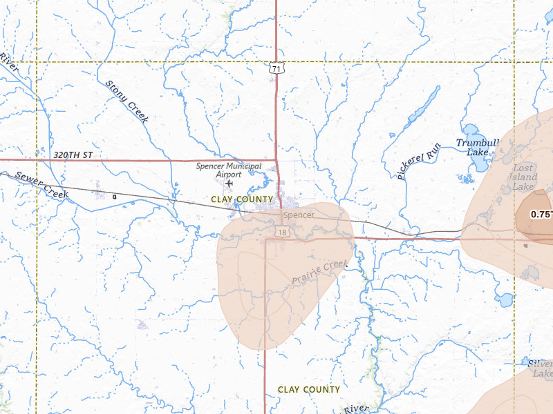 Radar-estimated hail-size map of the storm over Spencer, IA on Jun 28, 2026