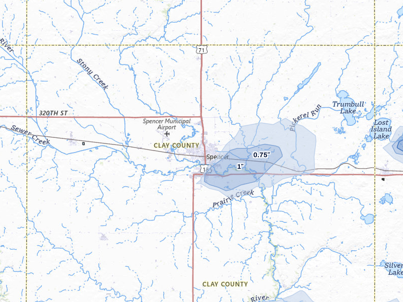 NEXRAD radar-signature map of the hail storm over Spencer, IA on Jun 28, 2026