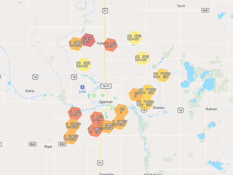 Hail map of Spencer, IA on Jun 28, 2026, hail up to 2"