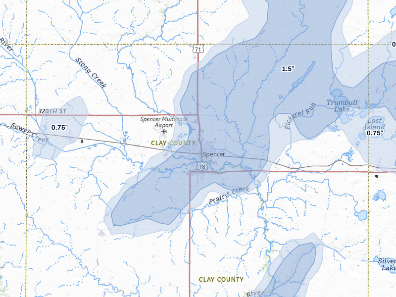 NEXRAD radar-signature map of the hail storm over Spencer, IA on Jul 1, 2026